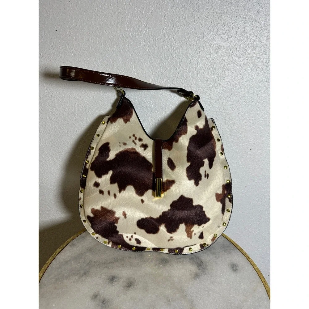 Cow Print Faux Hair Studded Shoulder Bag Brown Cream Western Hobo Handbag - Picture 2 of 3
